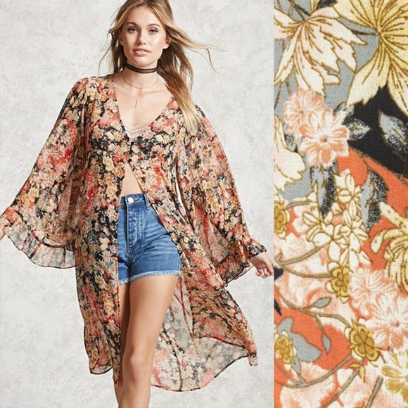 Forever 21 Tops - Ethereal floral angel sleeve midi kimono duster